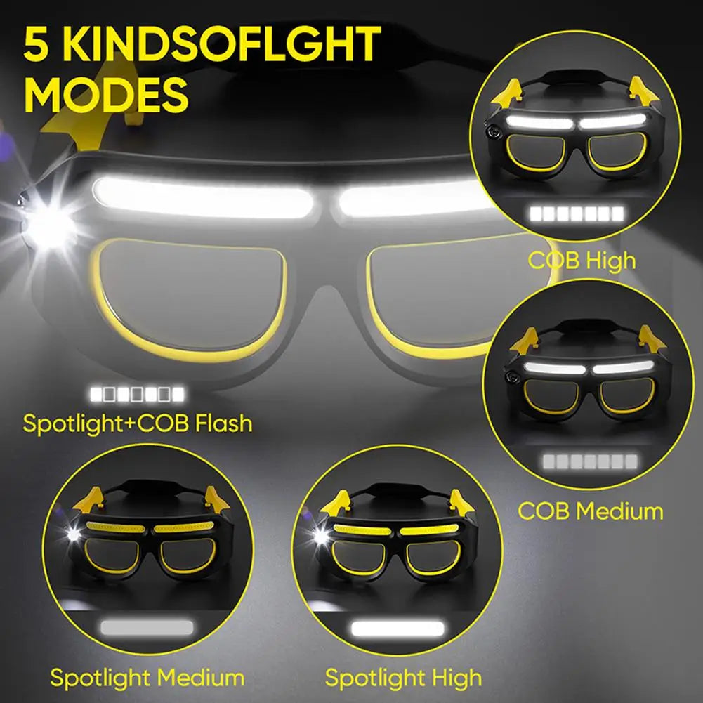 Rechargeable LED Headlight Glasses - Motion Sensor Light-Up Eyewear with 5 Modes for Running, Camping, Fishing and Cycling