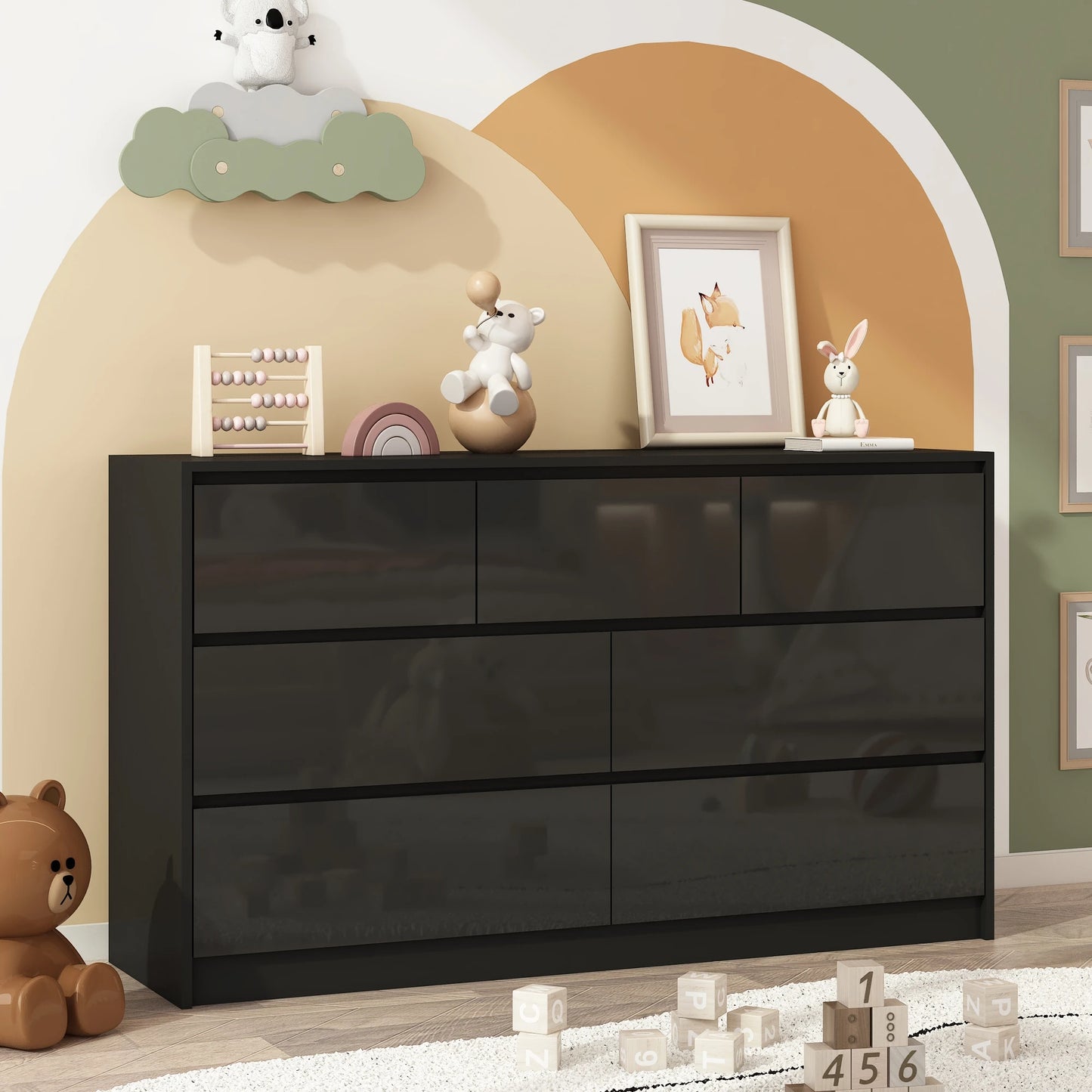 55-Inch Modern 7-Drawer Dresser – High Gloss White/Black Wooden Chest for Bedroom Storage