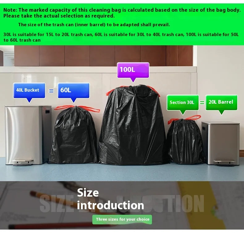 60/100L Large Kitchen Garbage Bags – 1 Roll (15 PCS) Thick Black Disposable Waste Bags with Drawstring Handles