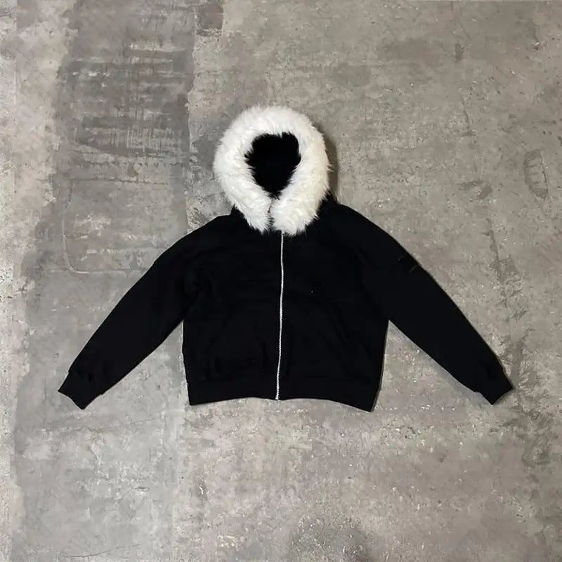 Y2K Zip-Up Hoodie with Faux Fur Collar – Harajuku Rock Goth Retro Punk Loose Jacket for Hip Hop Streetwear