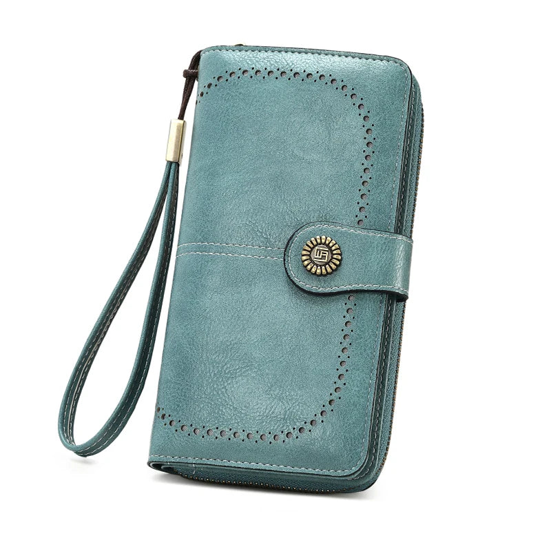 Vintage Large Capacity Women's Purse – Monochromatic Multi-Card Long Wallet with Zipper & Wrist Strap