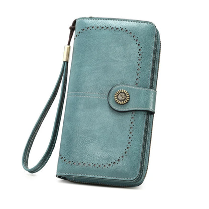 Vintage Large Capacity Women's Purse – Monochromatic Multi-Card Long Wallet with Zipper & Wrist Strap
