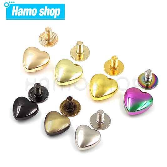 10 Set Heart-Shaped Metal Screwback Rivets 10/14mm – Screw Studs for Leathercraft, Garments, Belts & Bags