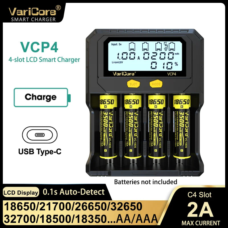 VariCore VCR4/VCP4 LCD Smart Battery Charger – Capacity Tester for 3.7V Li-Ion (18650, 21700, 26650), 3.2V LiFePO4 (32700), and 1.2V Ni-MH (AA/AAA)