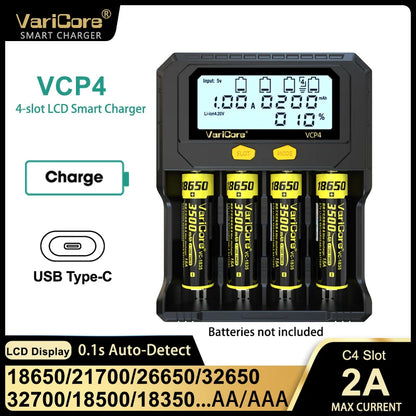 VariCore VCR4/VCP4 LCD Smart Battery Charger – Capacity Tester for 3.7V Li-Ion (18650, 21700, 26650), 3.2V LiFePO4 (32700), and 1.2V Ni-MH (AA/AAA)