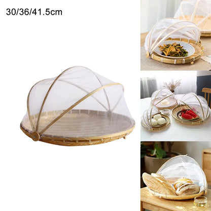 Bamboo Woven Basket with Anti-Mosquito Net – Portable Outdoor Fruit & Vegetable Tray with Mesh Cover
