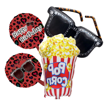 4-Piece Movie Night Party Decorations - Projector, Sunglasses and Popcorn Foil Balloons for Birthday Celebrations