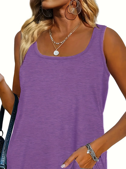 Plus Size Women’s Summer U-Neck Vest Top - Solid Color Elastic Dolphin Hem American Casual Style Shirt