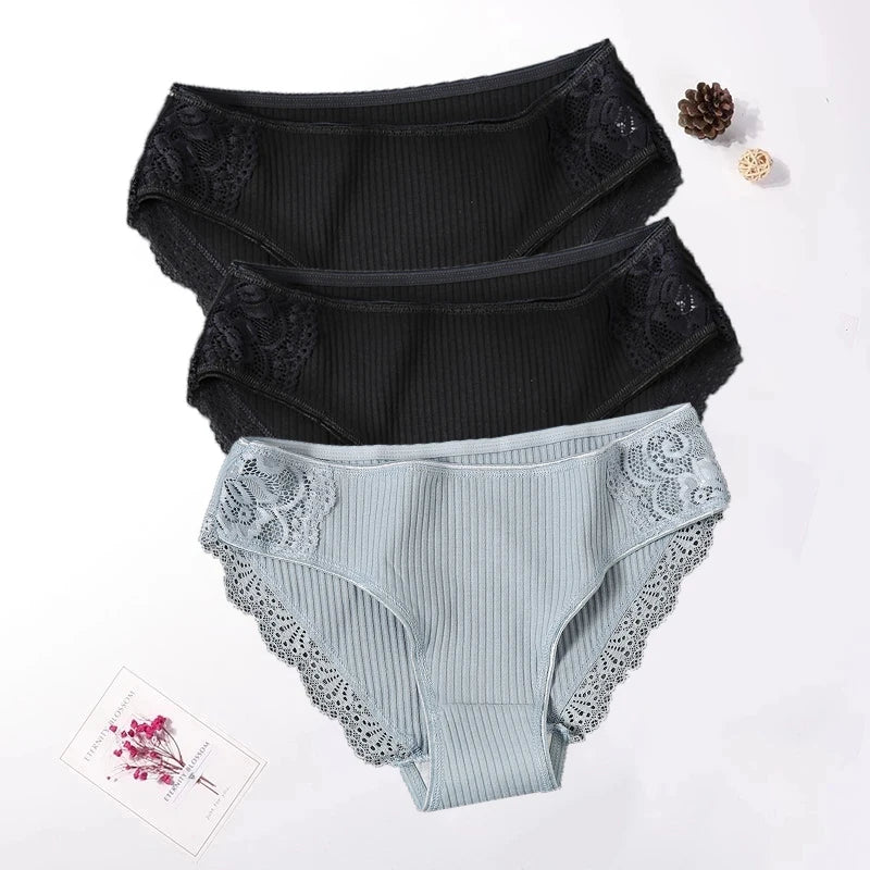Floral Lace Cotton Women’s Panties - Comfortable Briefs, Solid Color Underwear, 3PCS/Set, Sizes M-XXL
