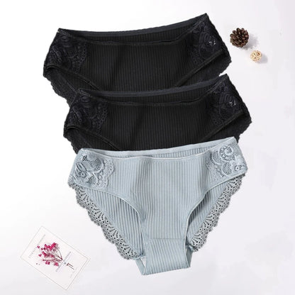Floral Lace Cotton Women’s Panties - Comfortable Briefs, Solid Color Underwear, 3PCS/Set, Sizes M-XXL