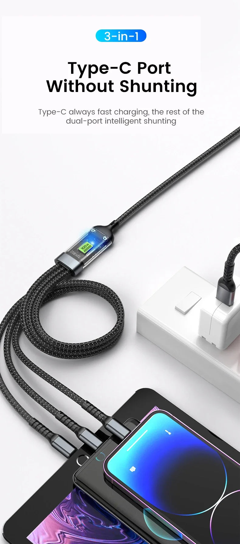 3-in-1 100W 6A Fast Charging Cable — USB to Type-C, Micro, Lightning for iPhone 13–16, Samsung, Xiaomi, Huawei