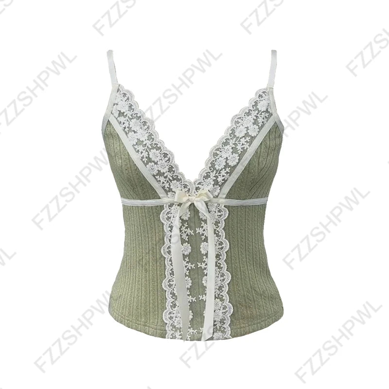 Women’s Grunge Punk Gothic Camisole Top – Y2K V-Neck Bow Lace Slim Fit Crop Cami Streetwear
