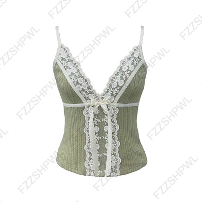 Women’s Grunge Punk Gothic Camisole Top – Y2K V-Neck Bow Lace Slim Fit Crop Cami Streetwear