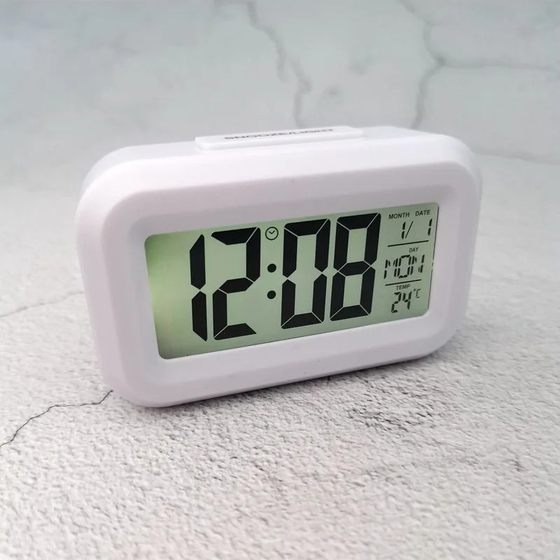 Smart Digital Alarm Clock – Black & White LCD with Temperature, Calendar, Timer & LED Light for Bedroom or Office (No Battery)