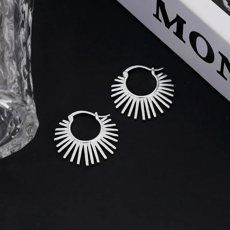 PANJBJ925 Sterling Silver Hoop Earrings - Frosted Geometric Design Fashion Jewelry Gift for Women