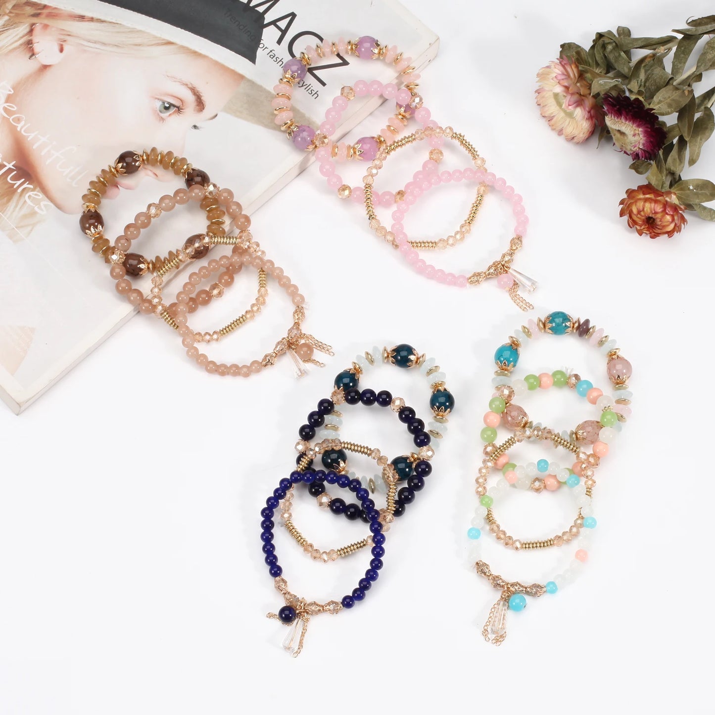 Bohemian Stackable Bead Bracelets - Multilayer Charm Stretch Bangles for Women