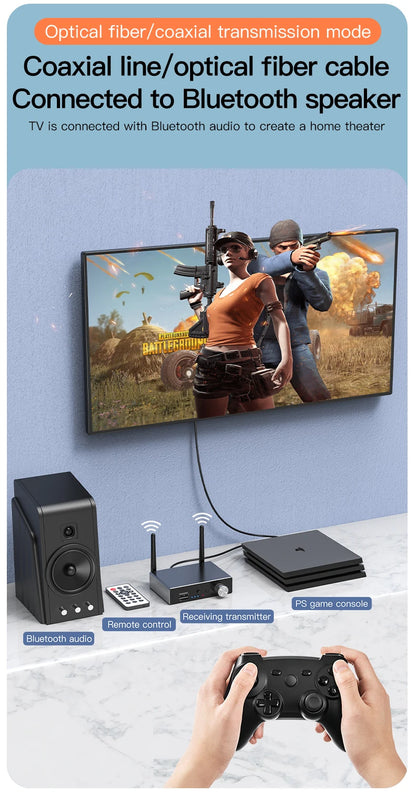 Bluetooth 5.3 Transmitter & Receiver | Low Latency Stereo AUX 3.5mm, Optical Wireless Audio Adapter with Remote Control for TV & PC