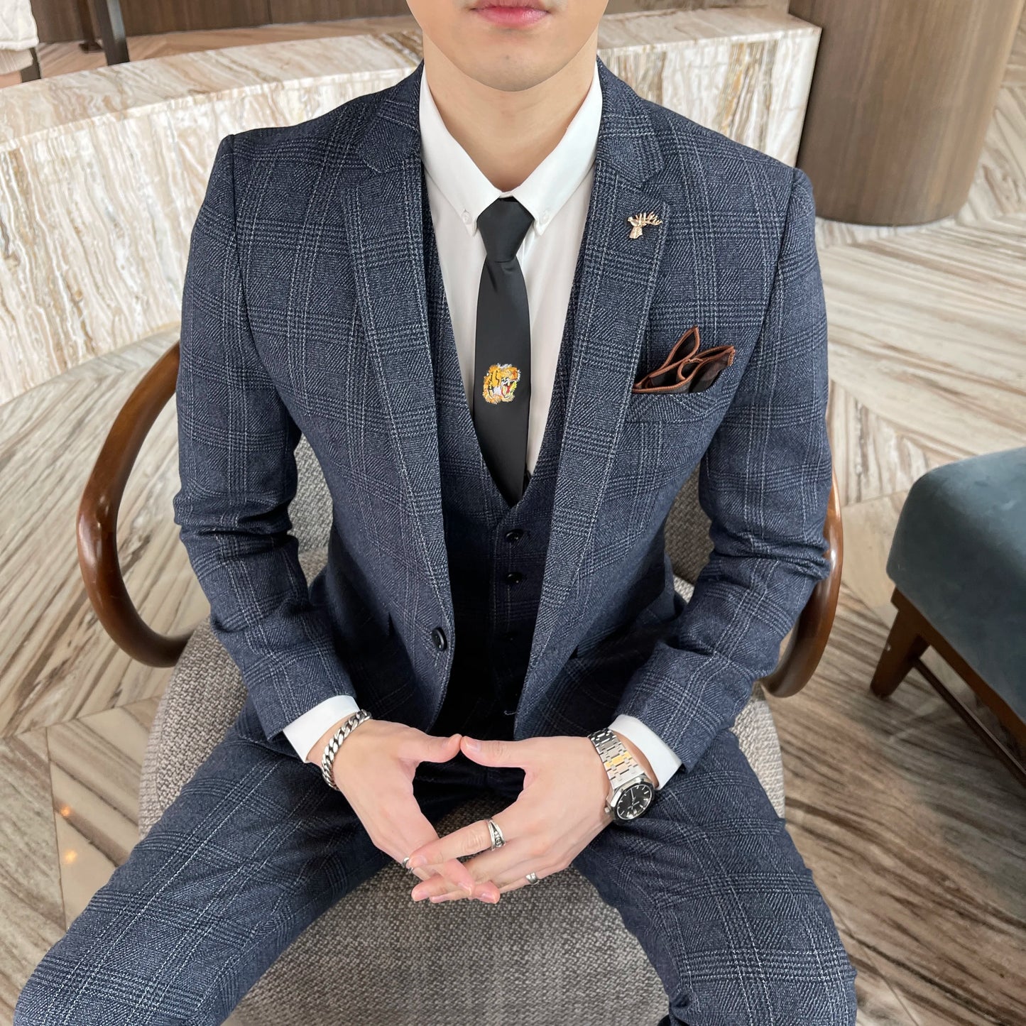 Men’s British Korean Plaid Three-Piece Suit – Stylish Business Casual Set with Blazer, Vest & Trousers