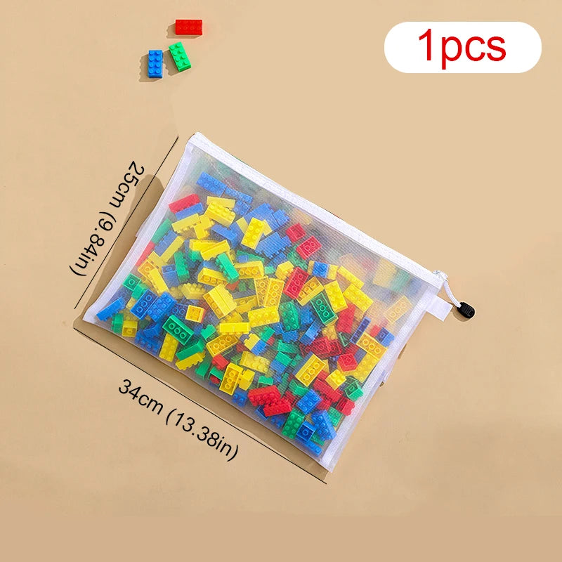 Children’s Puzzle & Building Block Storage Bag – Transparent Mesh Zipper Organizer for Toys, Cosmetics & Household Items