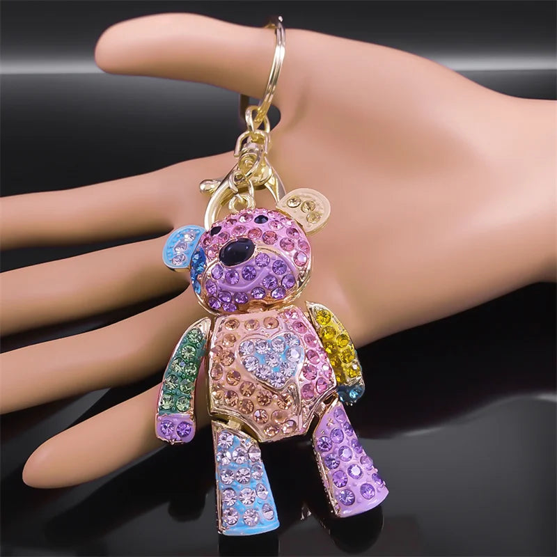 Colorful Crystal Bear Keychain - Cute Rhinestone Alloy Bag Charm & Fashion Keyring