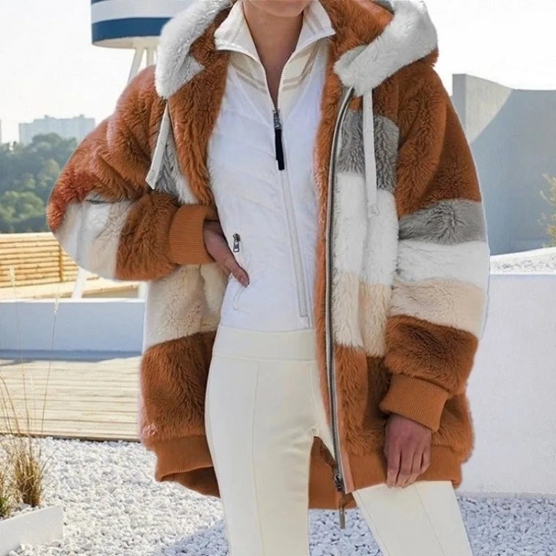 2023 Women's Oversized Jacket - Autumn Winter Warm Plush Hooded Streetwear, Loose Outerwear Coat with Pockets
