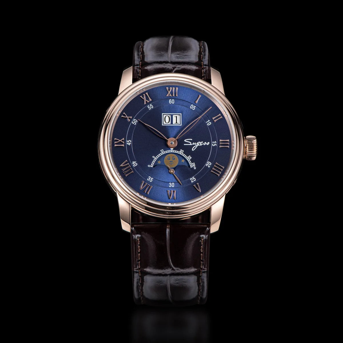Sugess Moonphase Men’s Automatic Mechanical Watch — 40MM Stainless Steel with Seagull ST2528 Movement and Blue Sandstone Dial