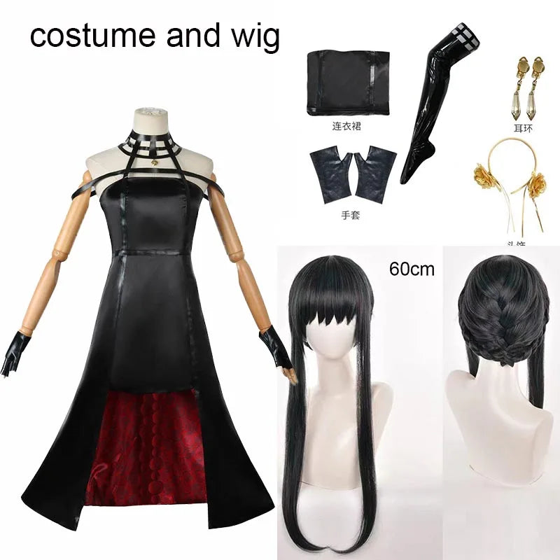 Yor Forger Cosplay Costume Full Set – Headband, Wig, Earrings, Elastic Thigh Stockings & Dress for Comic Con