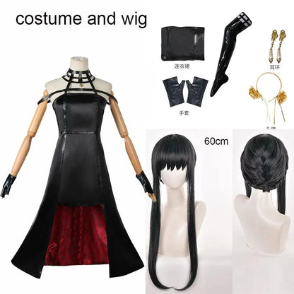 Yor Forger Cosplay Costume Full Set – Headband, Wig, Earrings, Elastic Thigh Stockings & Dress for Comic Con