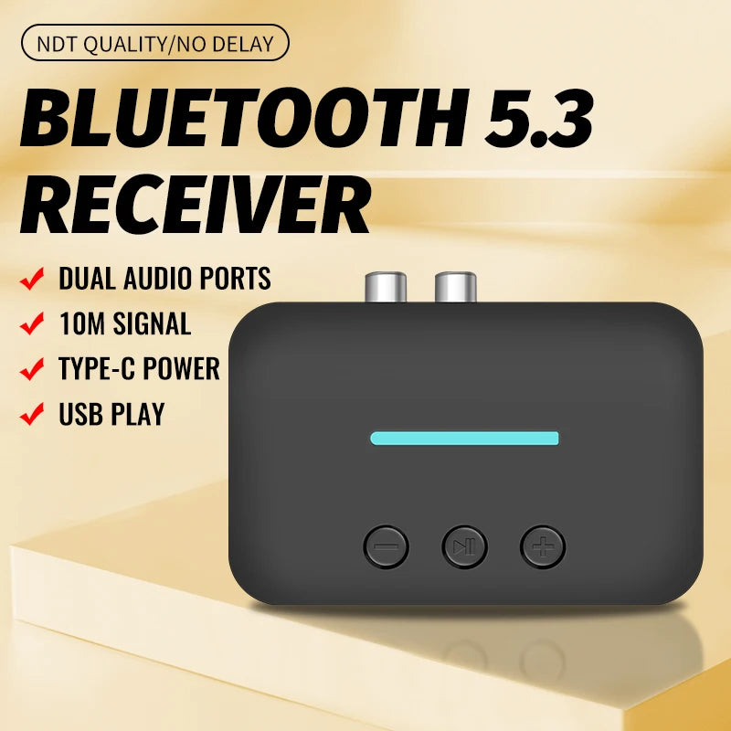 USB Bluetooth 5.3 Audio Receiver Adapter with 3.5mm AUX RCA | Wireless Music Streaming & U-Disk Playback for Desktop Speakers and Amps
