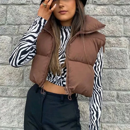 Winter Sleeveless Down Vest for Women – Warm Stand Collar, Zipper Jacket, Quilted Cropped Casual Street Outerwear