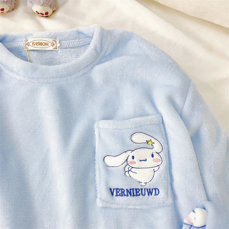 Sanrio Anime Flannel Pajamas - Cinnamoroll, Kuromi, My Melody Coral Velvet Pullover - Winter Warm Homewear for Girls