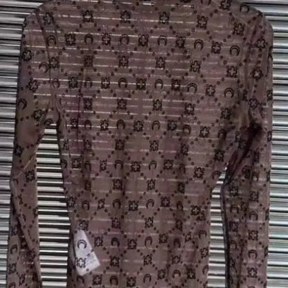 Women’s Mesh Long Sleeve Top - Hollow Out Retro T-Shirt with Mushroom Edge High Street Fashion Design