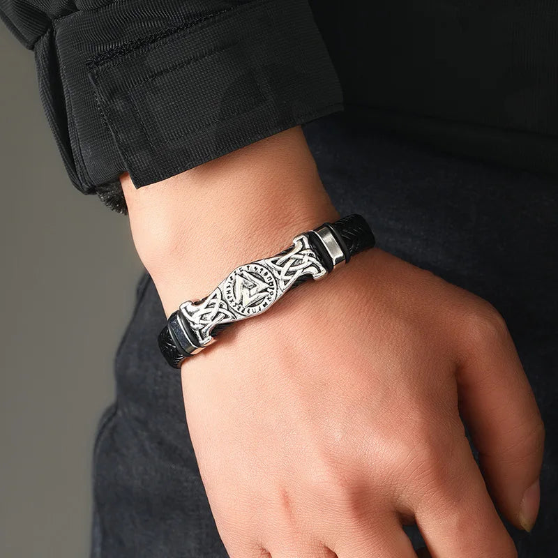Vintage Viking Woven Leather Bracelet – Nordic Celtic Knot Valknut Symbol, Magnetic Bangle for Men