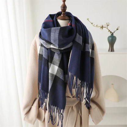 Luxury Brand Winter Plaid Cashmere-Like Blanket Scarf - Thick Warm Pashmina Shawl Wrap with Tassels, Poncho Stoles Echarpe