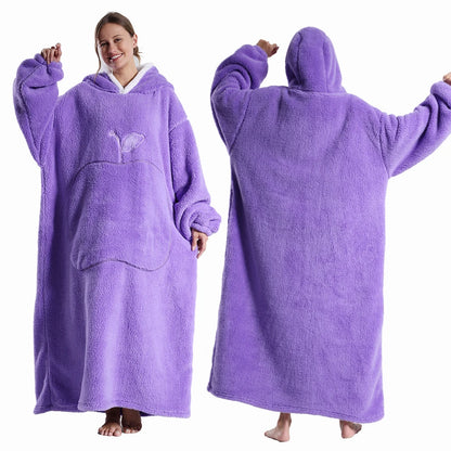 Extra Long Wearable Blanket - Winter Flannel Hooded Blanket with Full Sleeves, Cozy Soft Throw for Men and Women