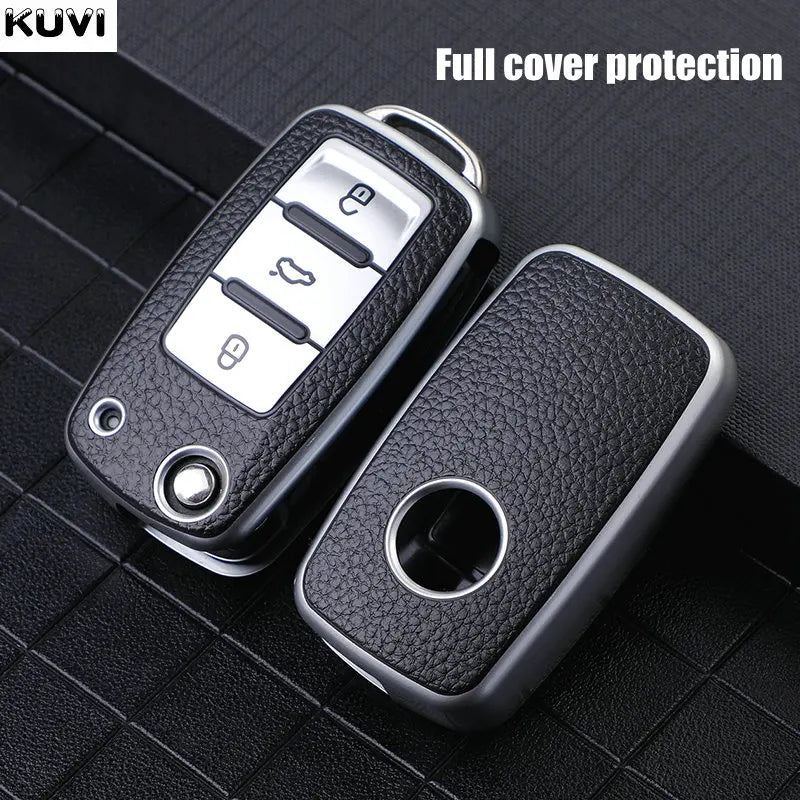 TPU Leather Car Key Case - Full Cover Protection Shell for VW Volkswagen Polo, Tiguan, Passat, Golf, Jetta, Lavida, Skoda Octavia