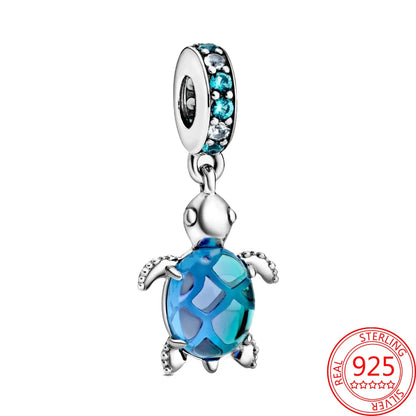 925 Silver Plated Murano Glass Sea Turtle Dangle Charm - Colorful Pink & Blue Jewelry for Women's Bracelet