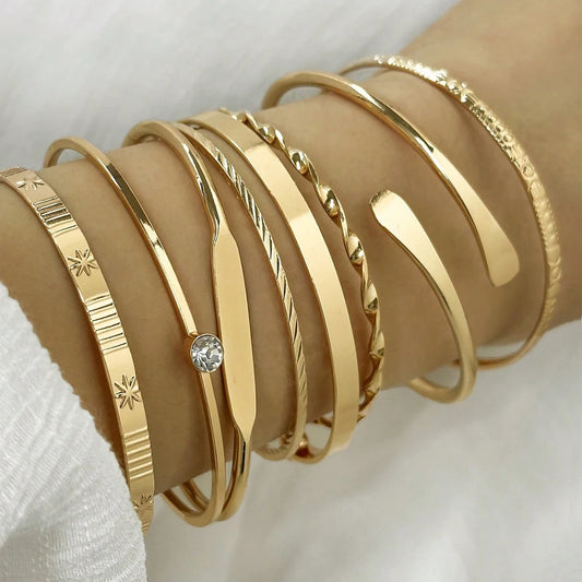 8Pcs Fashion Twist Texture Crystal Geometric Bangle Bracelet Set for Women – Statement Jewelry Accessories
