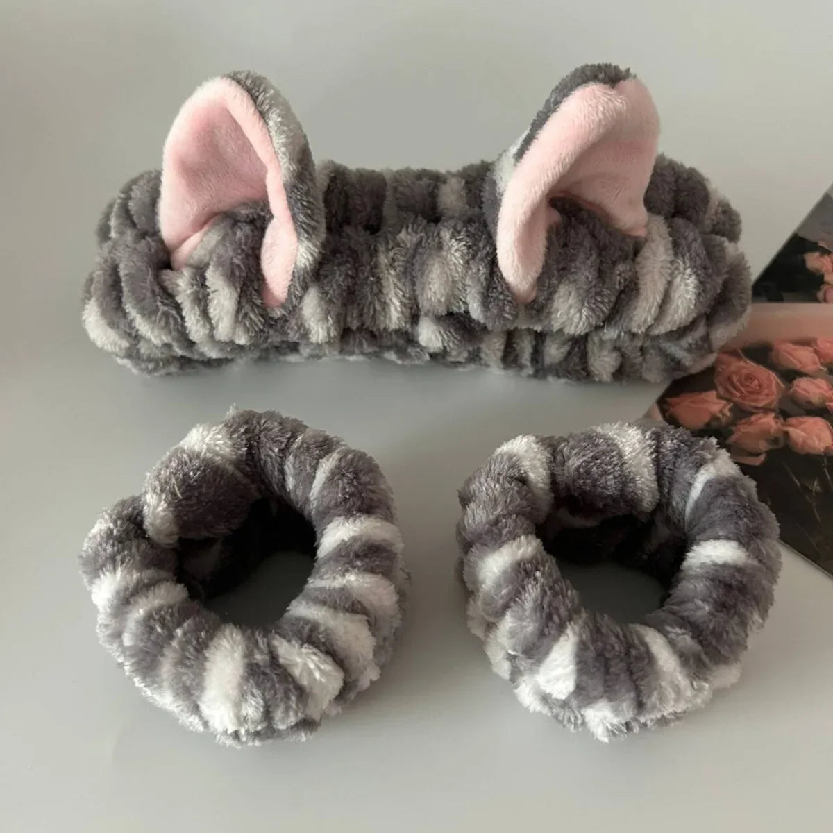 Cute Cat Ear Leopard Plush Headband Set - 3PCS Spa, Face Washing and Makeup Hair Accessories