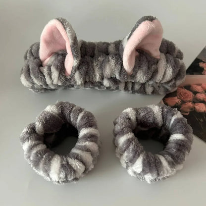 Cute Cat Ear Leopard Plush Headband Set - 3PCS Spa, Face Washing and Makeup Hair Accessories
