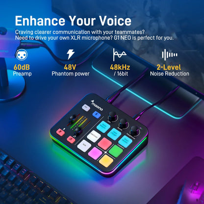 MAONO G1 NEO Audio Interface – XLR Mixer with Custom Sound Effects for Gaming, Podcast & Voice Recording