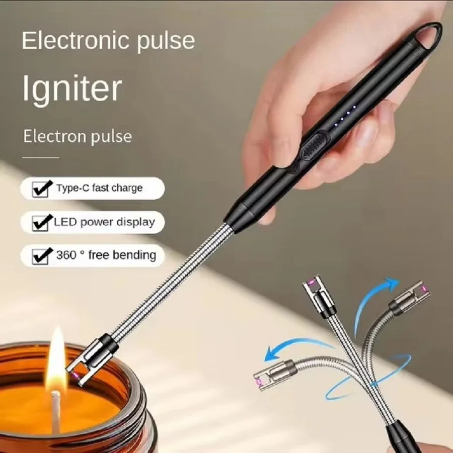 360° Type-C Rechargeable Windproof Plasma Lighter – Curved Flameless USB Arc Ignition Tool for BBQ, Kitchen, Candle & Gas Stove Use