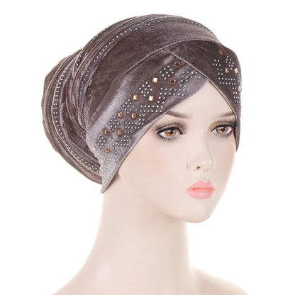 Women’s Glitter Diamond Turban Cap - Soft Velvet Pleated Head Wrap Muslim Headscarf Bonnet Beanie Cap
