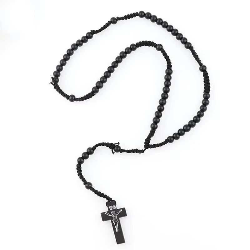 8mm Wooden Rosary Beads Necklace – Catholic Orthodox Cross Pendant, Woven Rope Prayer Chain for Men, Spiritual Gift (Black/Brown/Khaki)