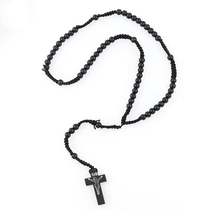 8mm Wooden Rosary Beads Necklace – Catholic Orthodox Cross Pendant, Woven Rope Prayer Chain for Men, Spiritual Gift (Black/Brown/Khaki)