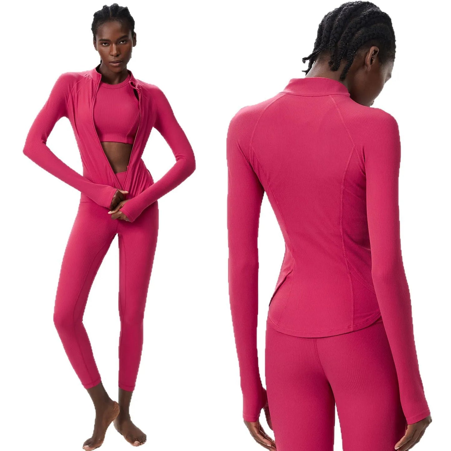 3PCS Women’s Fitness Yoga Set – Solid Color Ribbed Long Sleeve Top & High Waist Leggings, Breathable Workout Sportswear