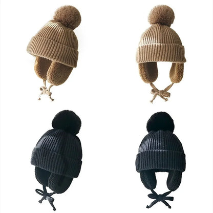 Winter Baby Beanie Hat with Pompom & Earflaps – Thick Wool Plush Knitted Cap for Girls & Boys, Ages 2-8T