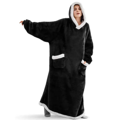 2024 Oversized Flannel Blanket Hoodie – Super Long Fleece Pullover with Sleeves for Winter