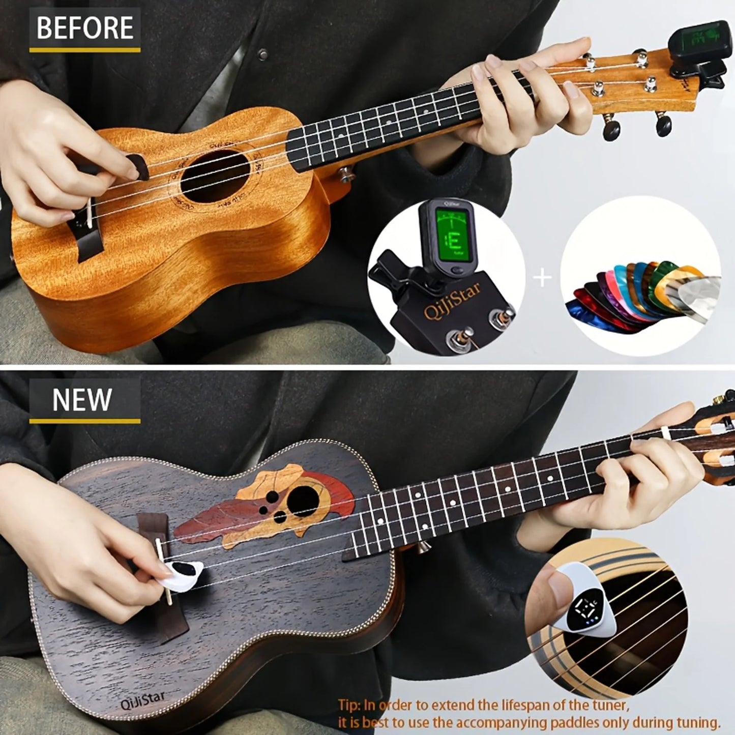 Portable Guitar Pick & Tuner Combo - 2 in 1 Functionality with Pick, Folk Guitar & Ukulele Tuner, 12-Tone Equal Temperament