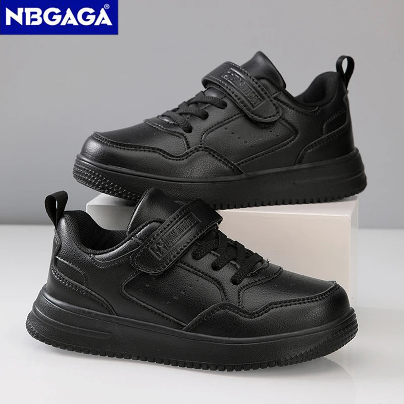 Children’s Black Leather Sneakers – Non-Slip Casual Flat Walking Shoes for Boys & Girls, Lightweight Student Sports Footwear